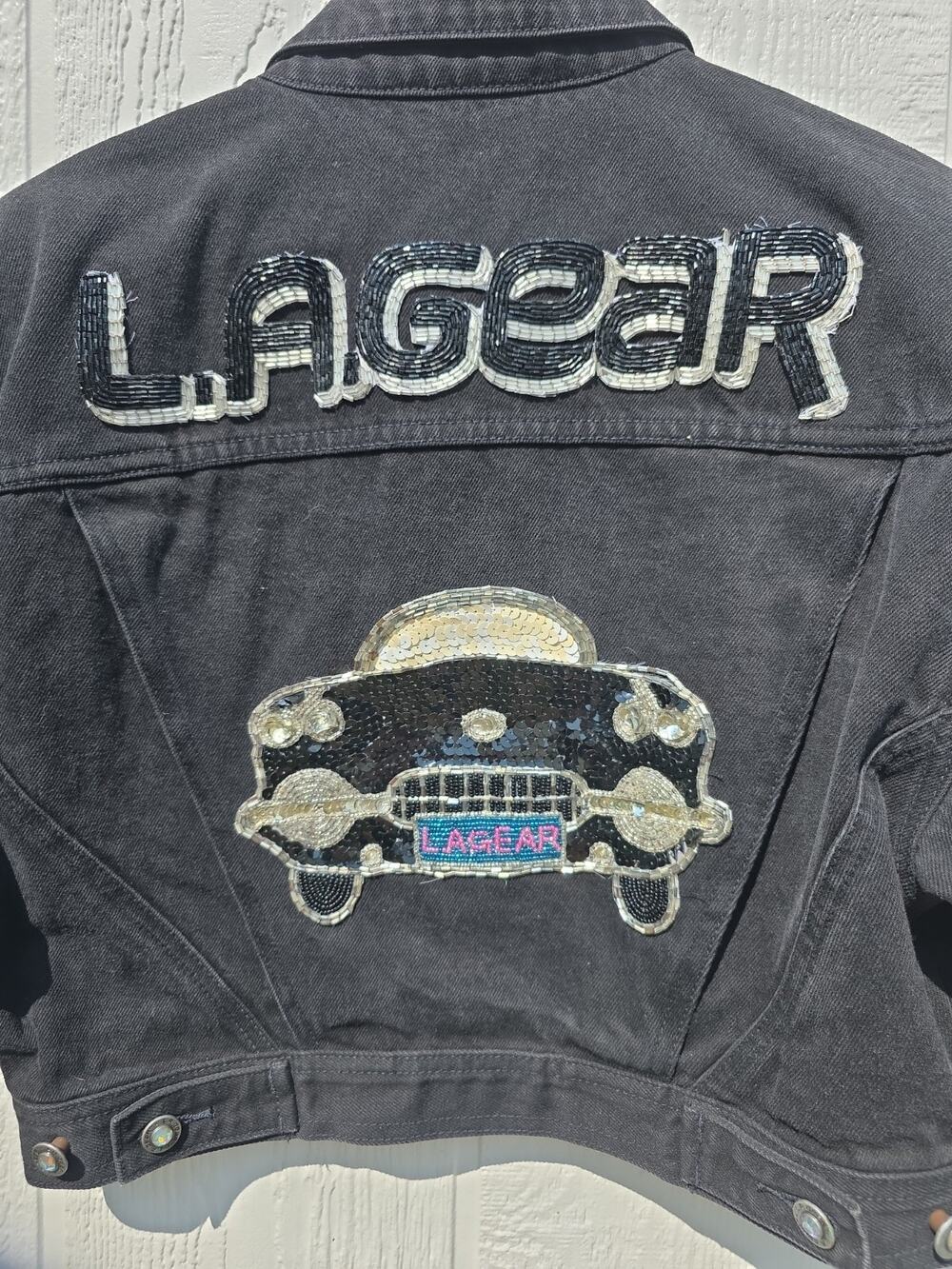 Vintage L.A. Gear Denim Jacket Sequin Car Logo Black Cropped Shoulder Pads M